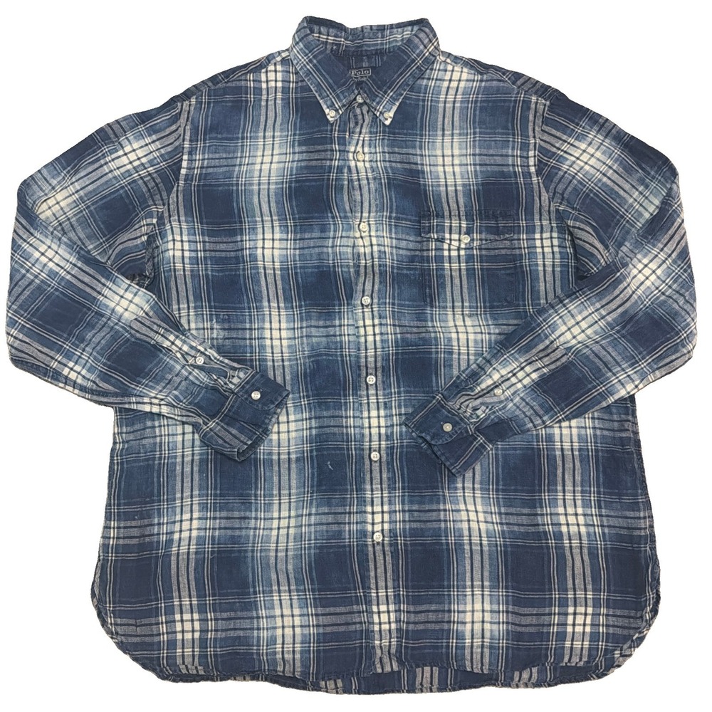 Polo Ralph Lauren Mens 2XL Classic Fit Indigo 100% Linen Plaid Button Down Shirt